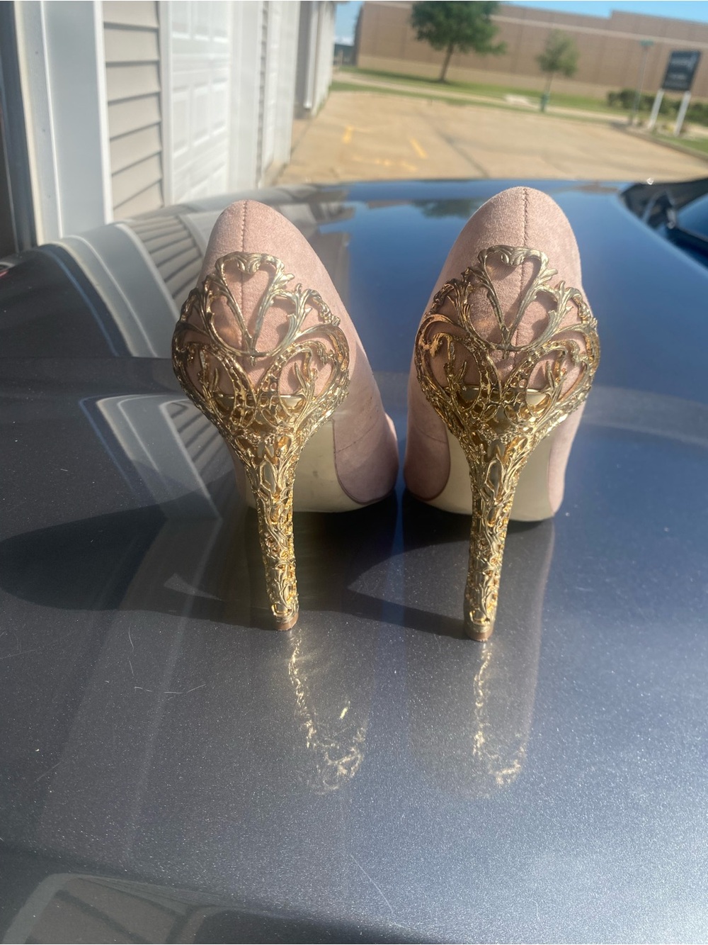 JustFab Blush Pink Suede Pumps with Ornate Gold Filigree Heels